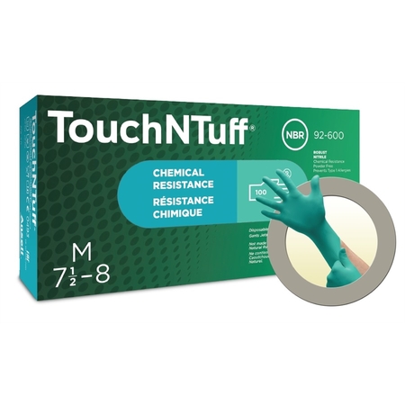 Ansell TouchNTuff 92-600, Nitrile Disposable Gloves, 4.9 mil Palm, Nitrile, Powder-Free, M, 100 PK, Green 585835